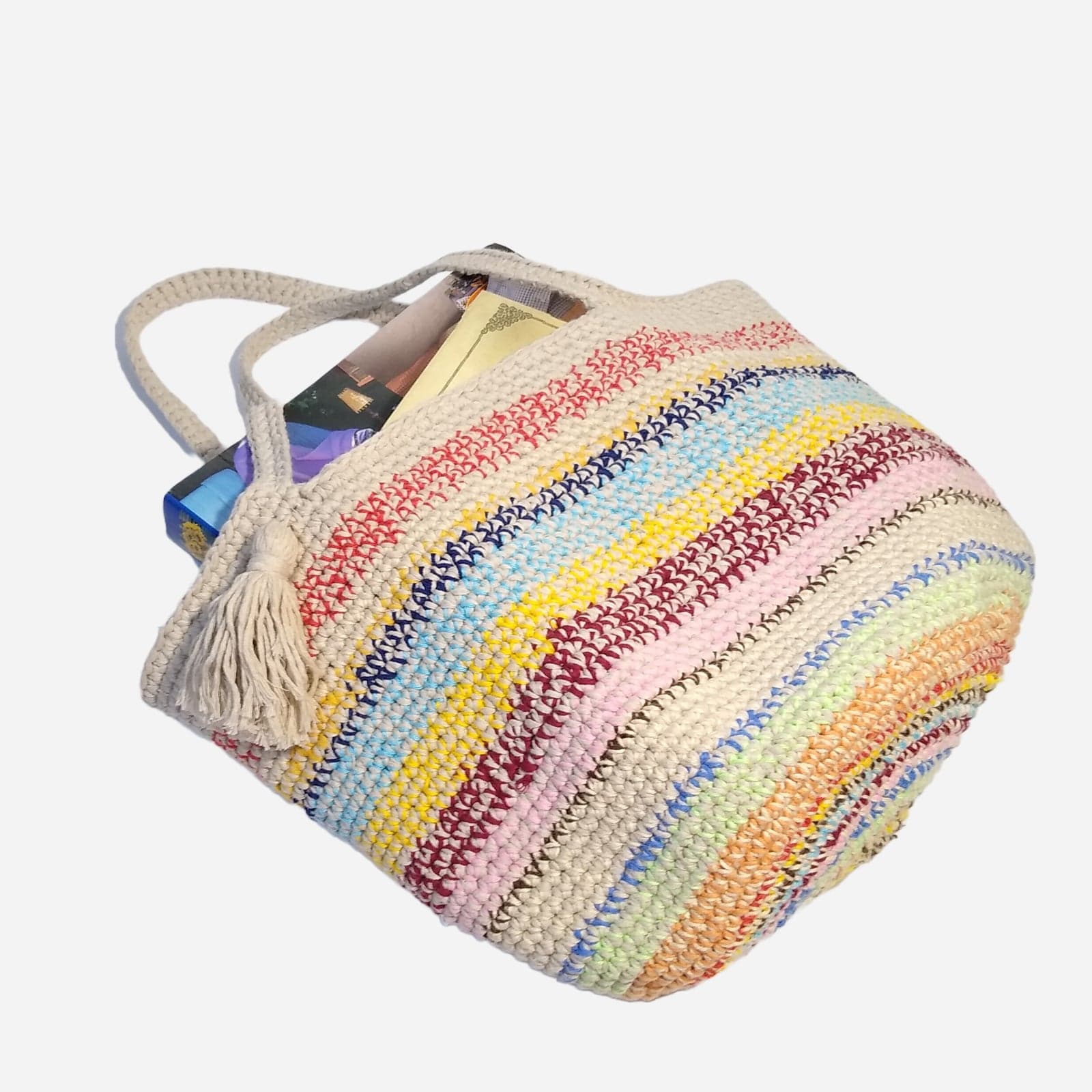 WHITE MULTI WOVEN TOTE BAG
