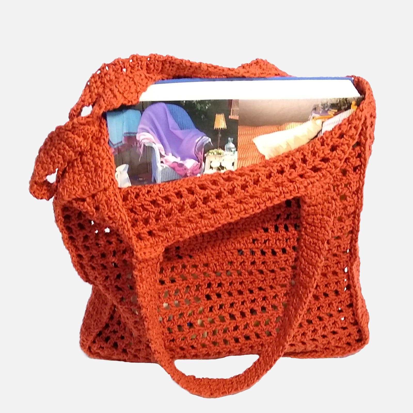 BRICK RED RETRO PATTERN CROCHET TOTE BAG