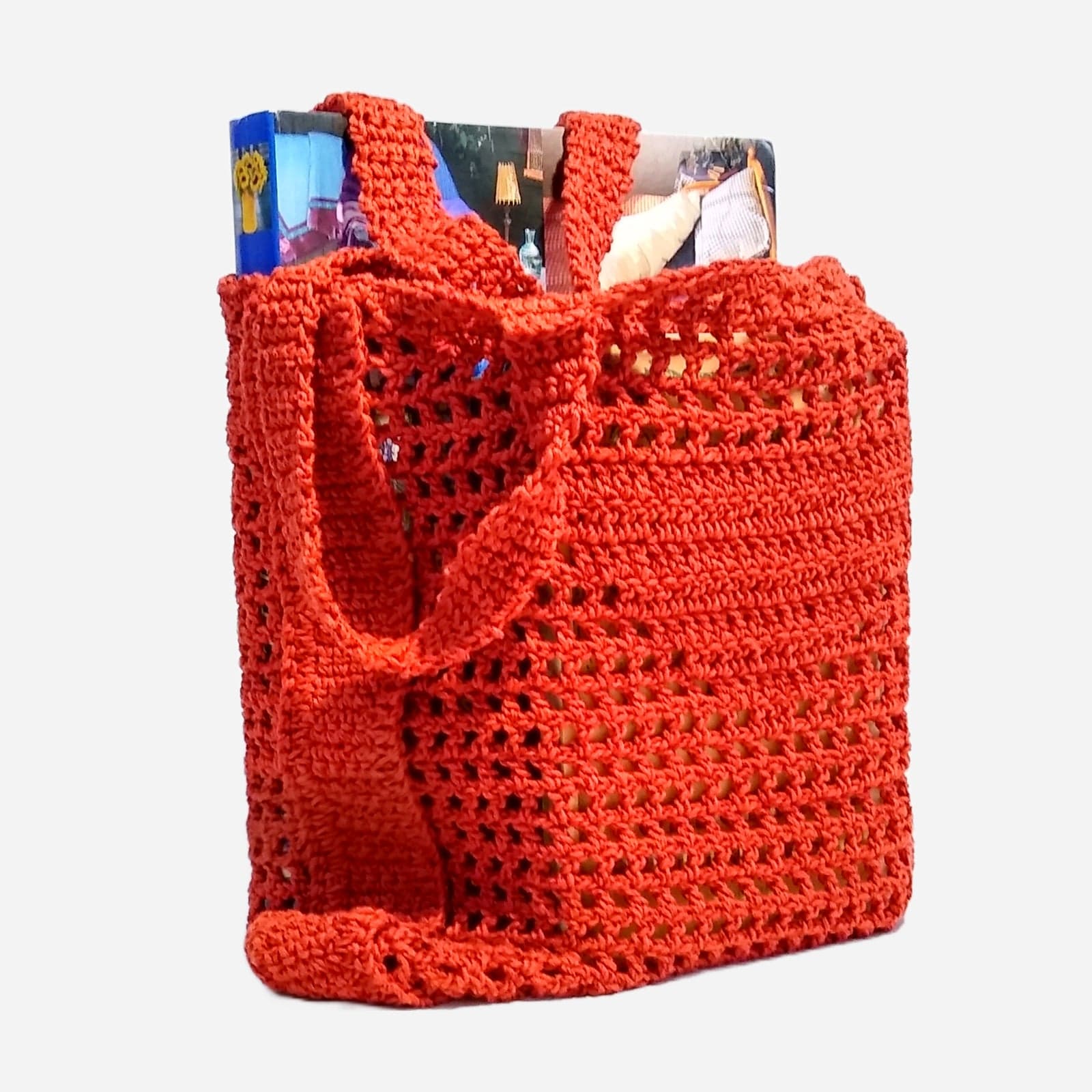BRICK RED RETRO PATTERN CROCHET TOTE BAG