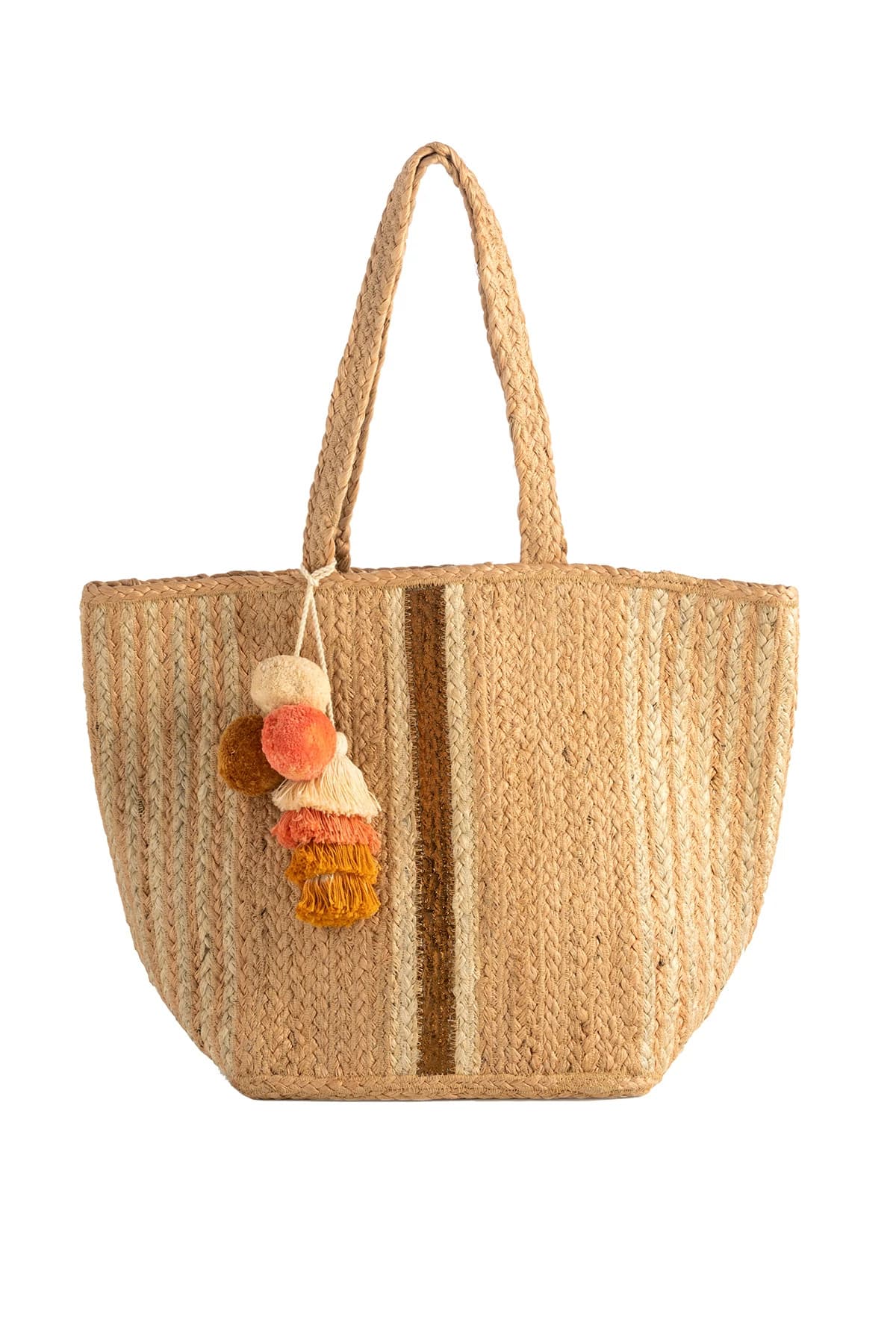 JUTE BRAIDED TOTE BAG WITH POM POM AND TASSELS