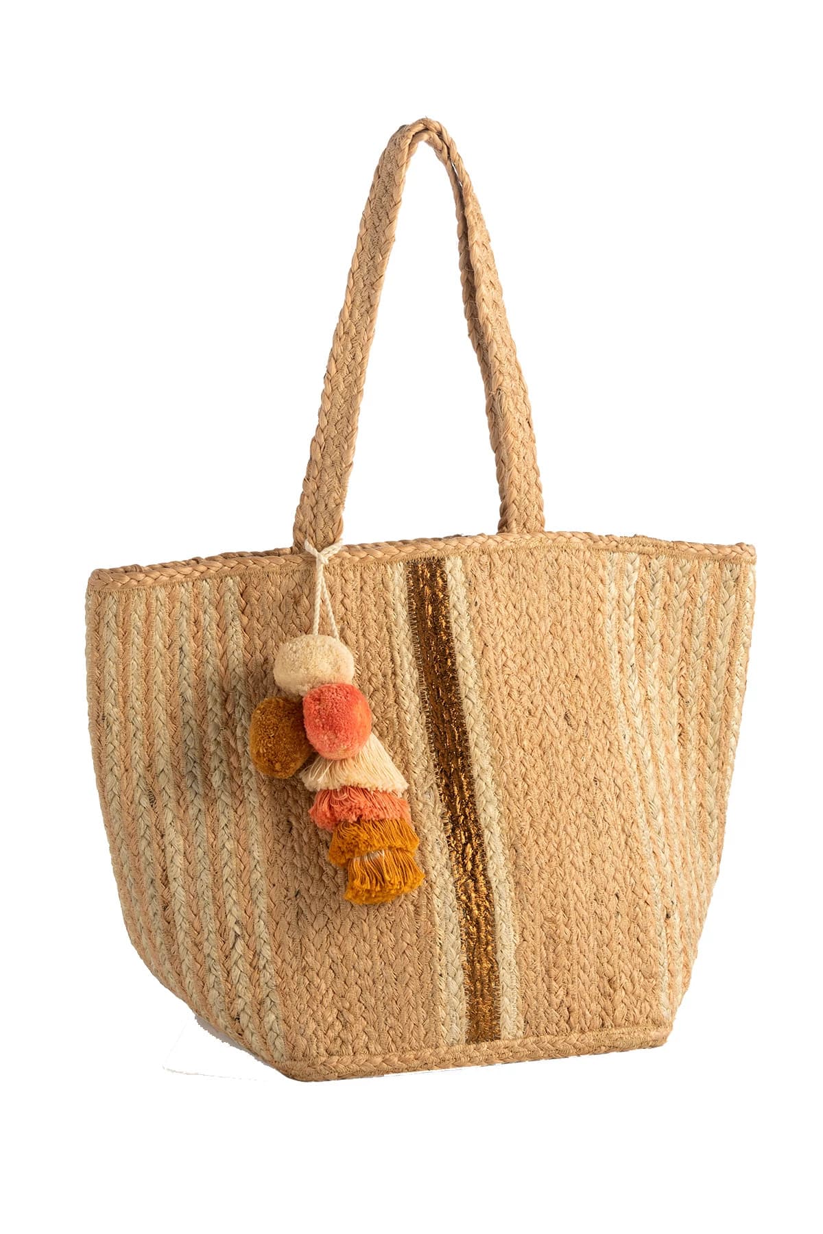 JUTE BRAIDED TOTE BAG WITH POM POM AND TASSELS