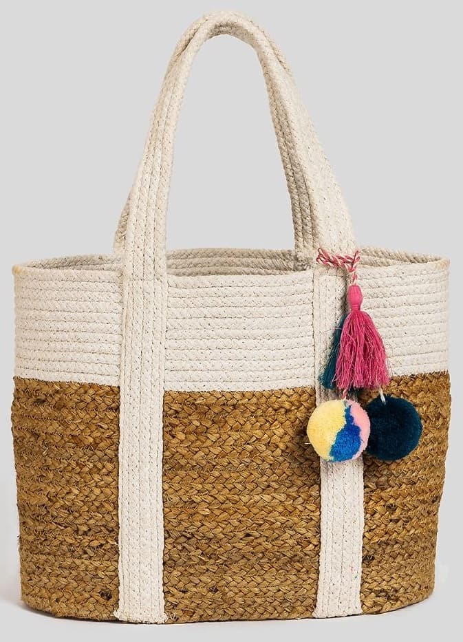 WHITE AND NATURAL JUTE TOTE BAG WITH POM POM AND TASSELS