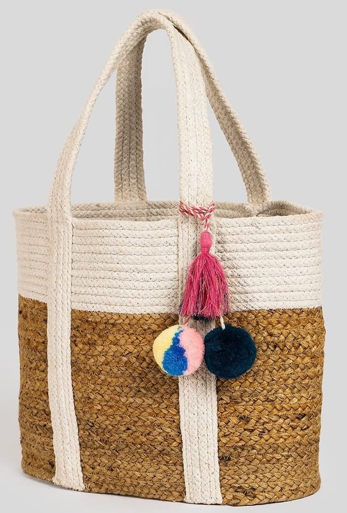 WHITE AND NATURAL JUTE TOTE BAG WITH POM POM AND TASSELS