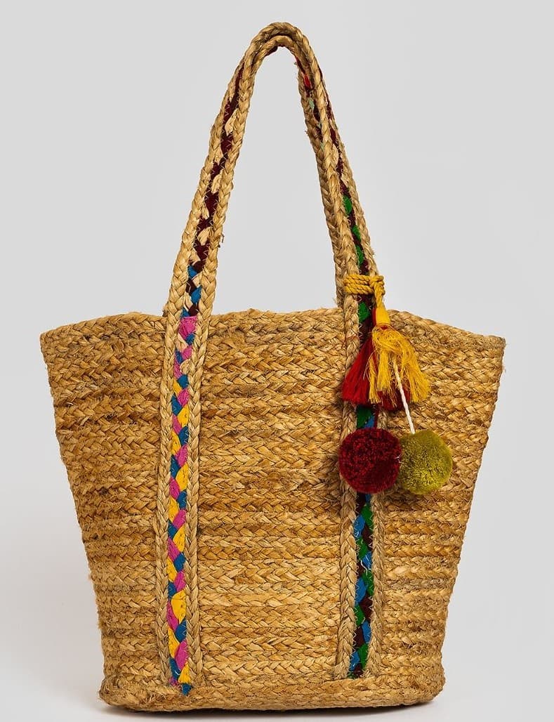 JUTE TOTE BAG WITH POM POM AND TASSELS