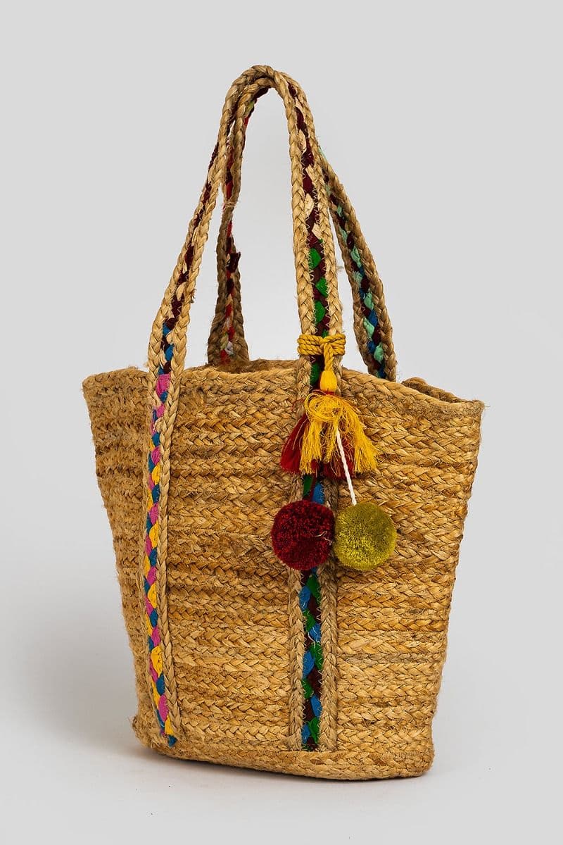 JUTE TOTE BAG WITH POM POM AND TASSELS