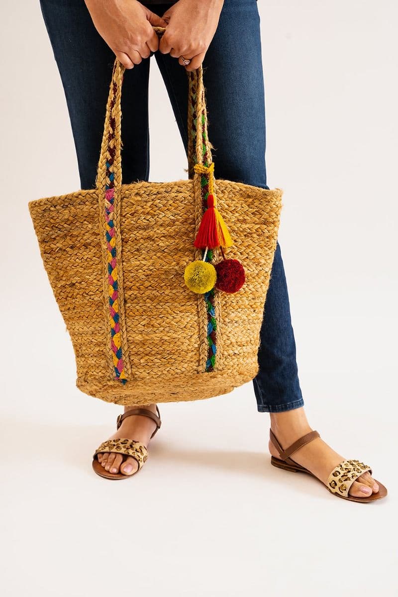 JUTE TOTE BAG WITH POM POM AND TASSELS