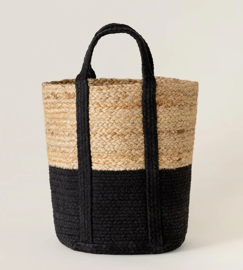 NATURAL BLACK COLOUR BLOCK JUTE AND COTTON WOVEN BASKET