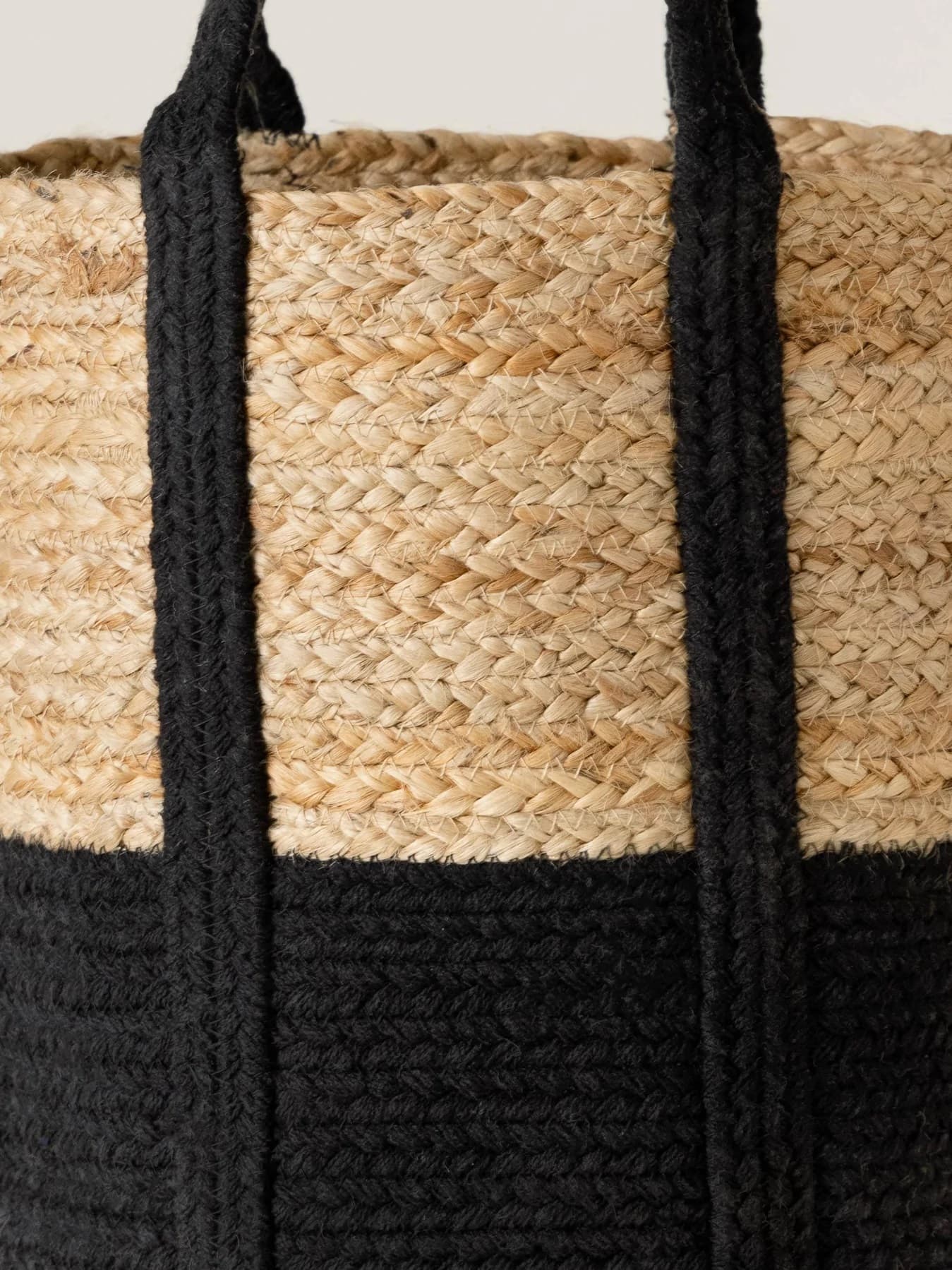 NATURAL BLACK COLOUR BLOCK JUTE AND COTTON WOVEN BASKET