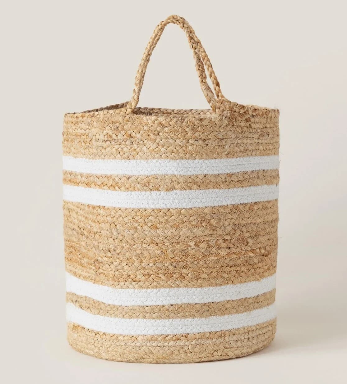 NATURAL WHITE STRIPES JUTE AND COTTON WOVEN BASKET