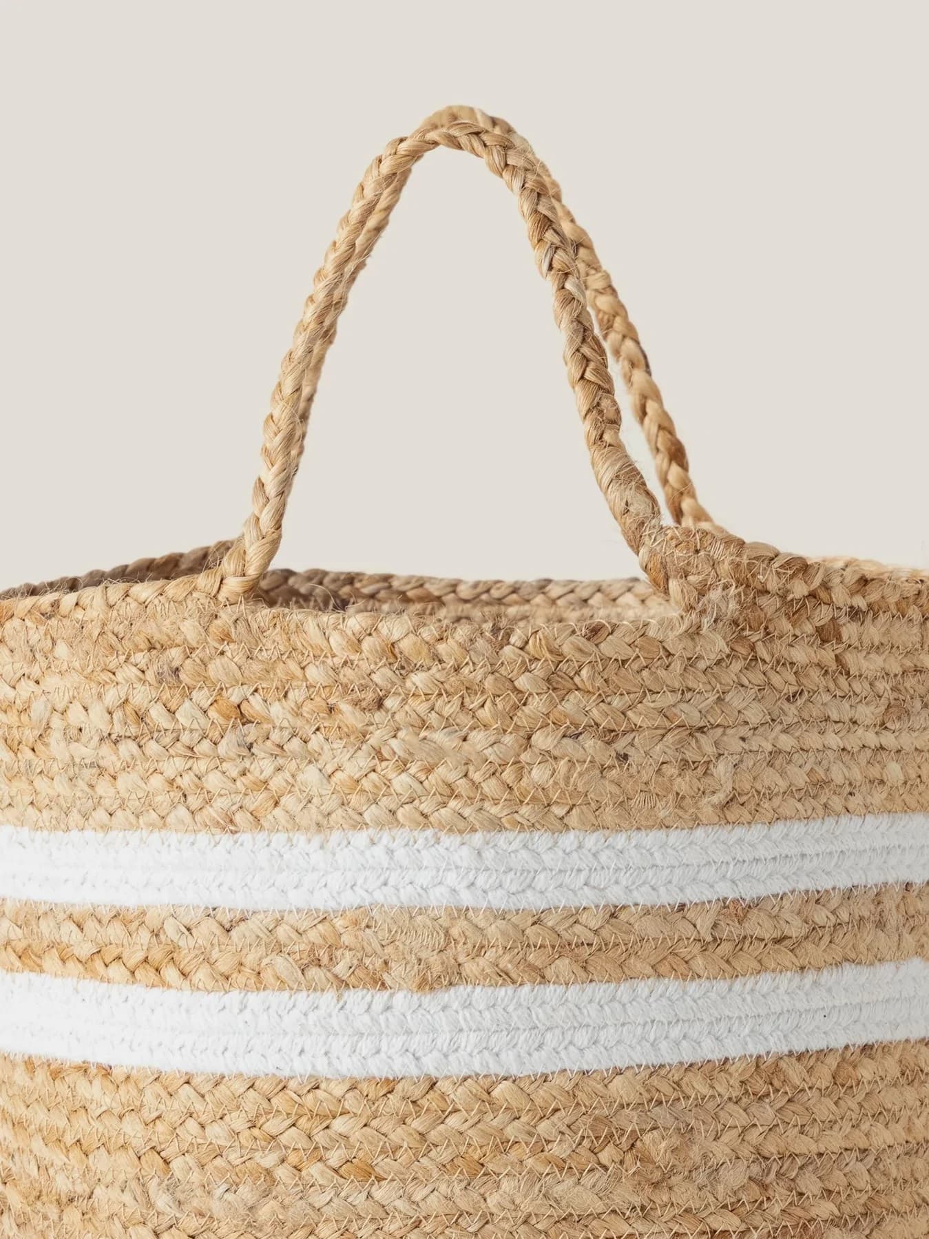 NATURAL WHITE STRIPES JUTE AND COTTON WOVEN BASKET