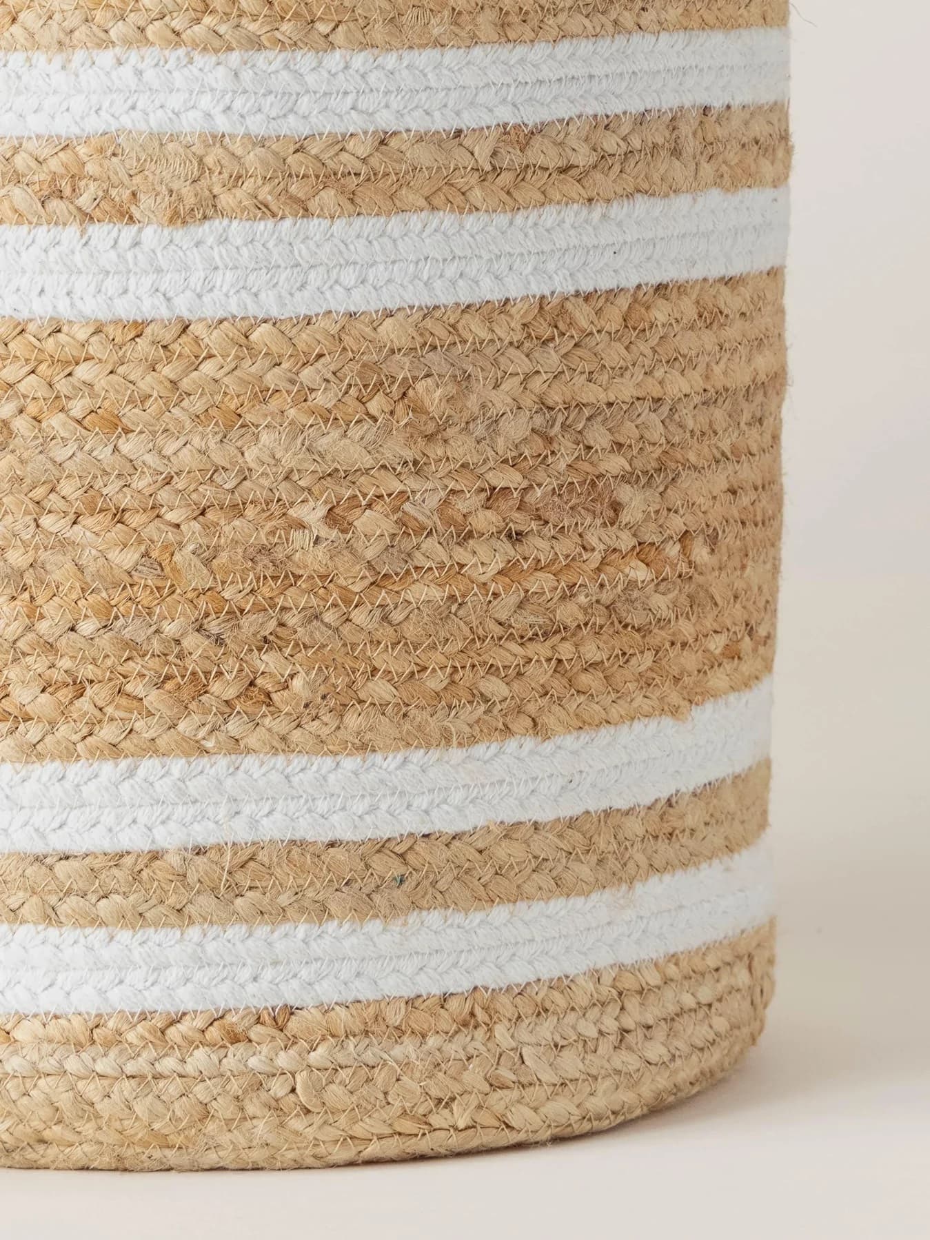 NATURAL WHITE STRIPES JUTE AND COTTON WOVEN BASKET