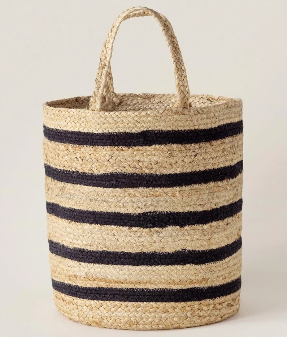 LARGE NATURAL BLACK STRIPES JUTE AND COTTON WOVEN BASKET