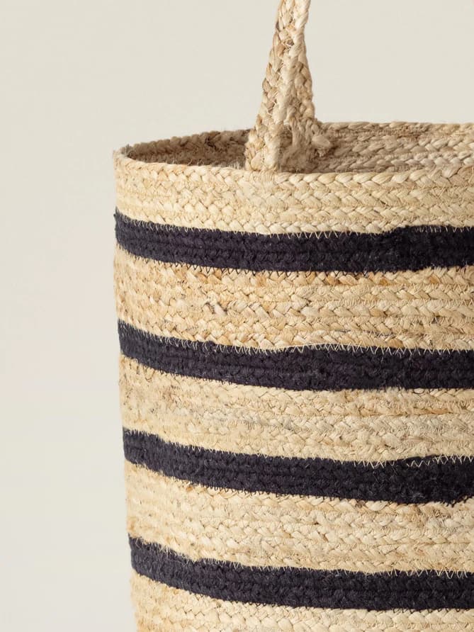 LARGE NATURAL BLACK STRIPES JUTE AND COTTON WOVEN BASKET