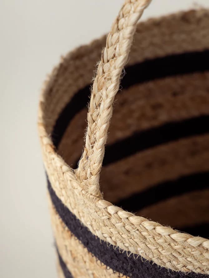 LARGE NATURAL BLACK STRIPES JUTE AND COTTON WOVEN BASKET