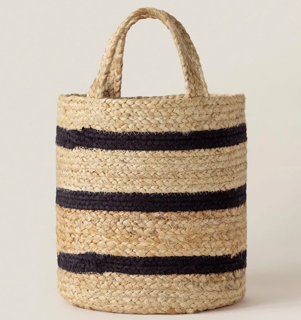 SMALL NATURAL BLACK STRIPES JUTE AND COTTON WOVEN BASKET