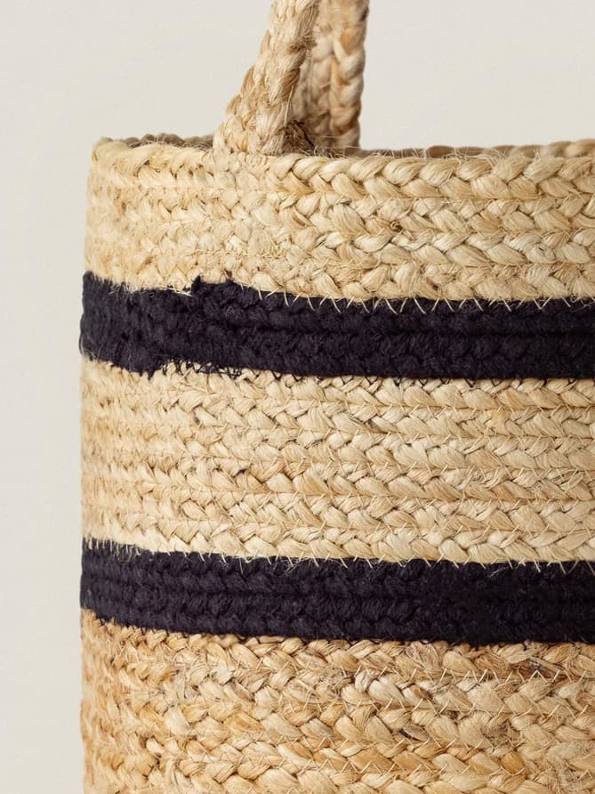 SMALL NATURAL BLACK STRIPES JUTE AND COTTON WOVEN BASKET