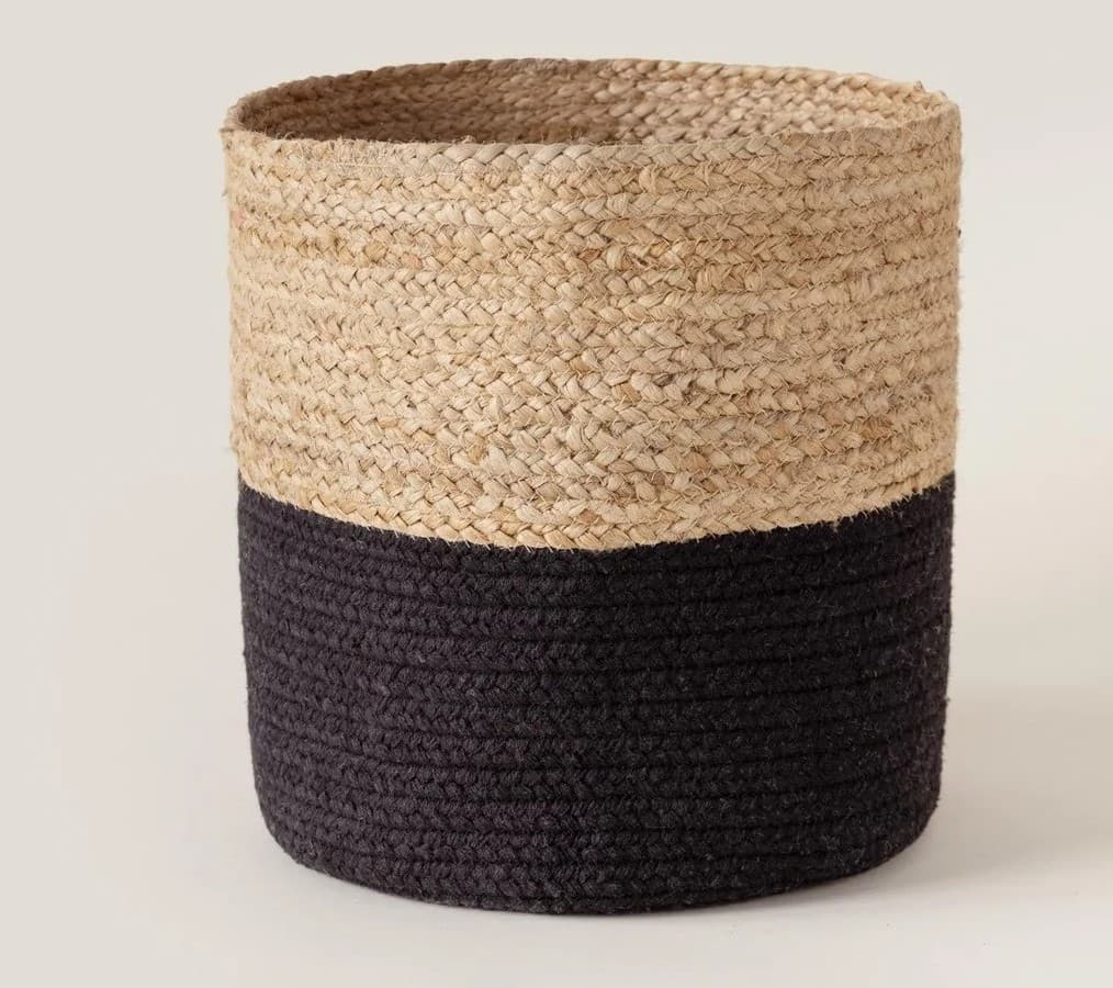NATURAL BLACK COLOUR BLOCK JUTE AND COTTON WOVEN BASKET