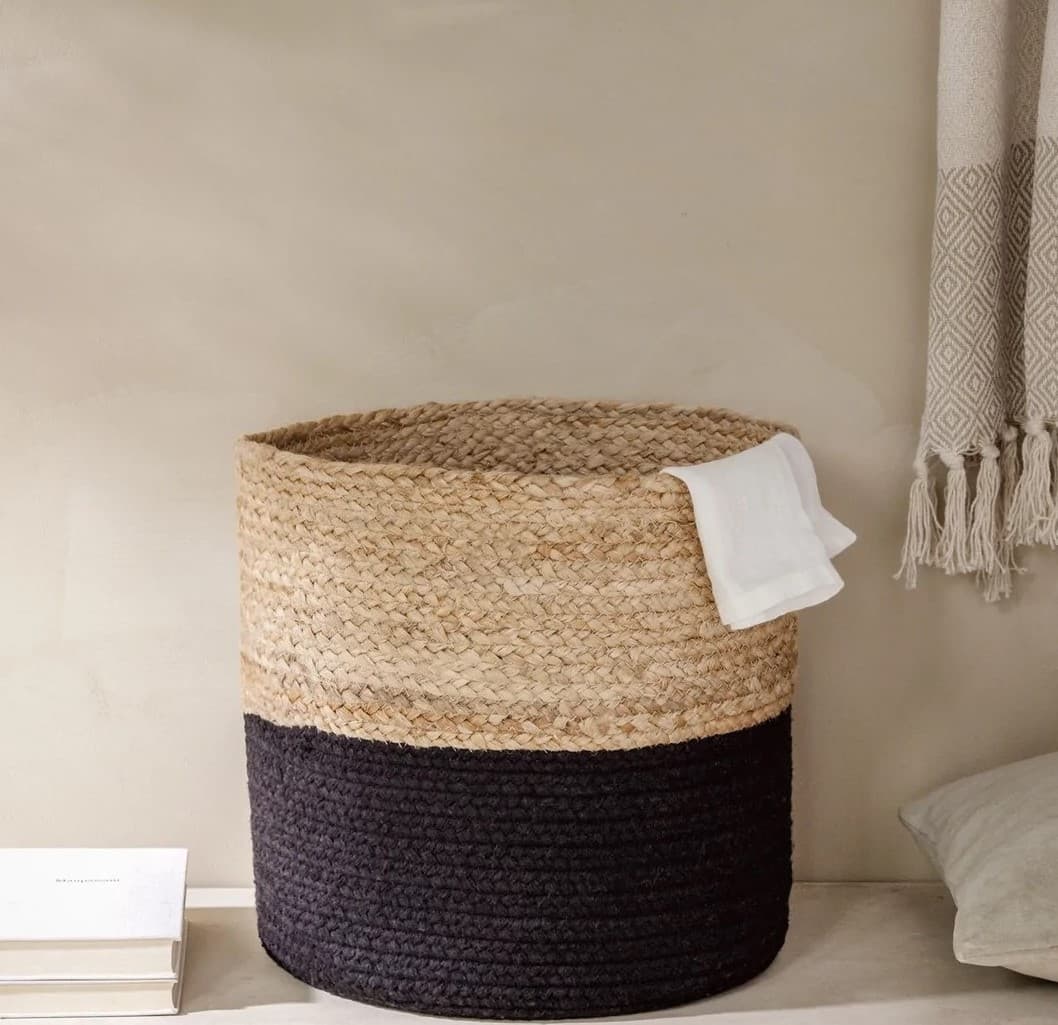 NATURAL BLACK COLOUR BLOCK JUTE AND COTTON WOVEN BASKET