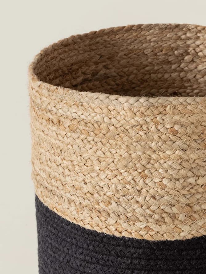 NATURAL BLACK COLOUR BLOCK JUTE AND COTTON WOVEN BASKET