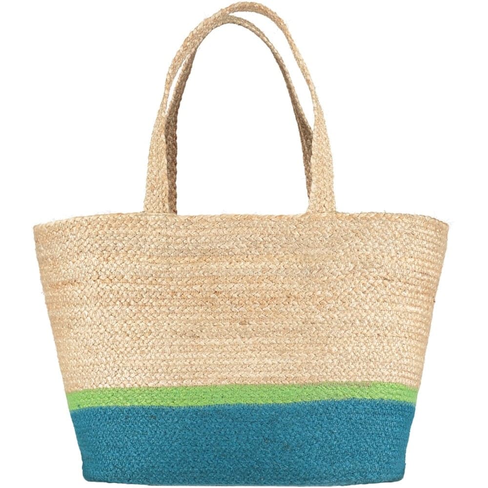 NATURAL TURQ COTTON AND JUTE TOTE BAG