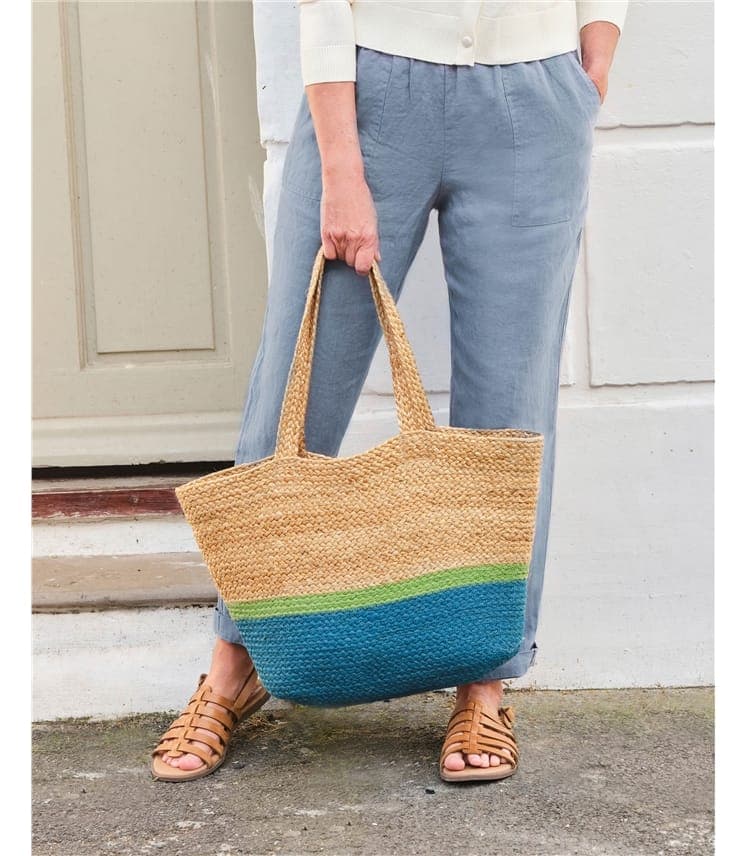 NATURAL TURQ COTTON AND JUTE TOTE BAG