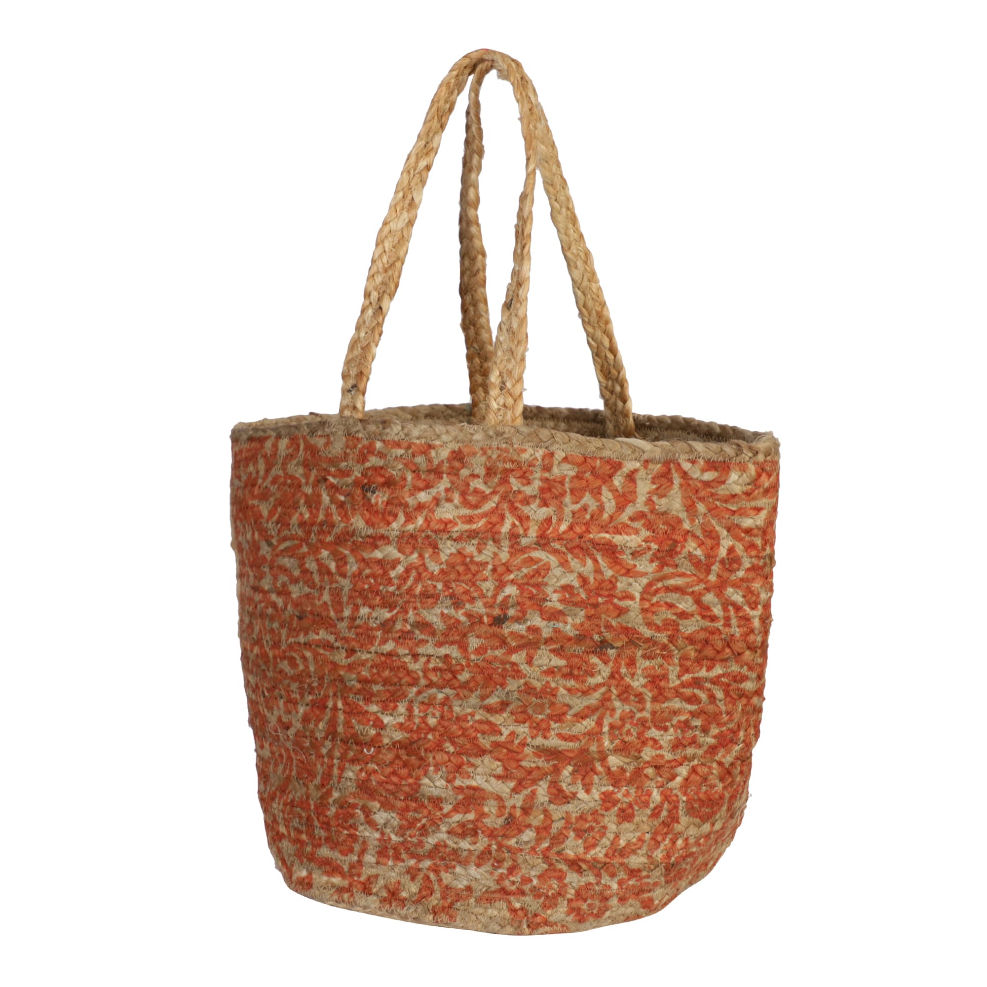 ORANGE FLORAL PRINT JUTE TOTE BAG