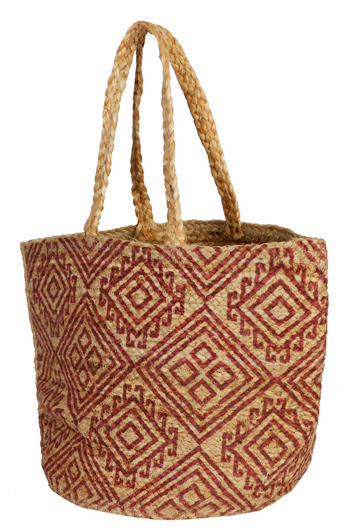 RED DIAMOND PRINT JUTE TOTE BAG