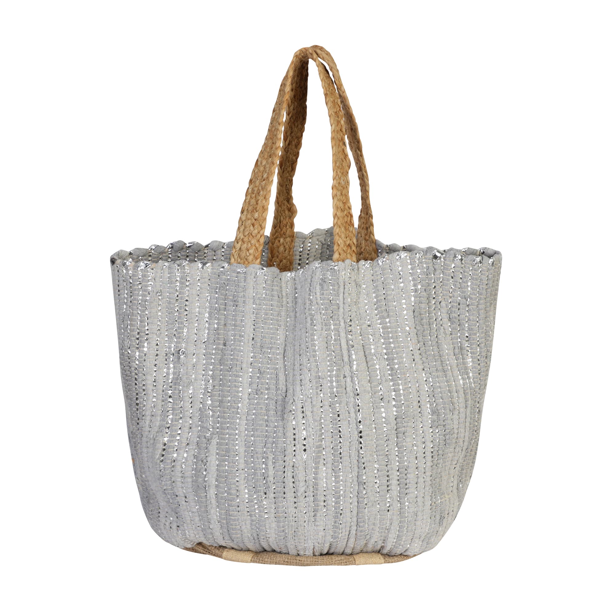 GREY SILVER COTTON AND JUTE BEACH BAG