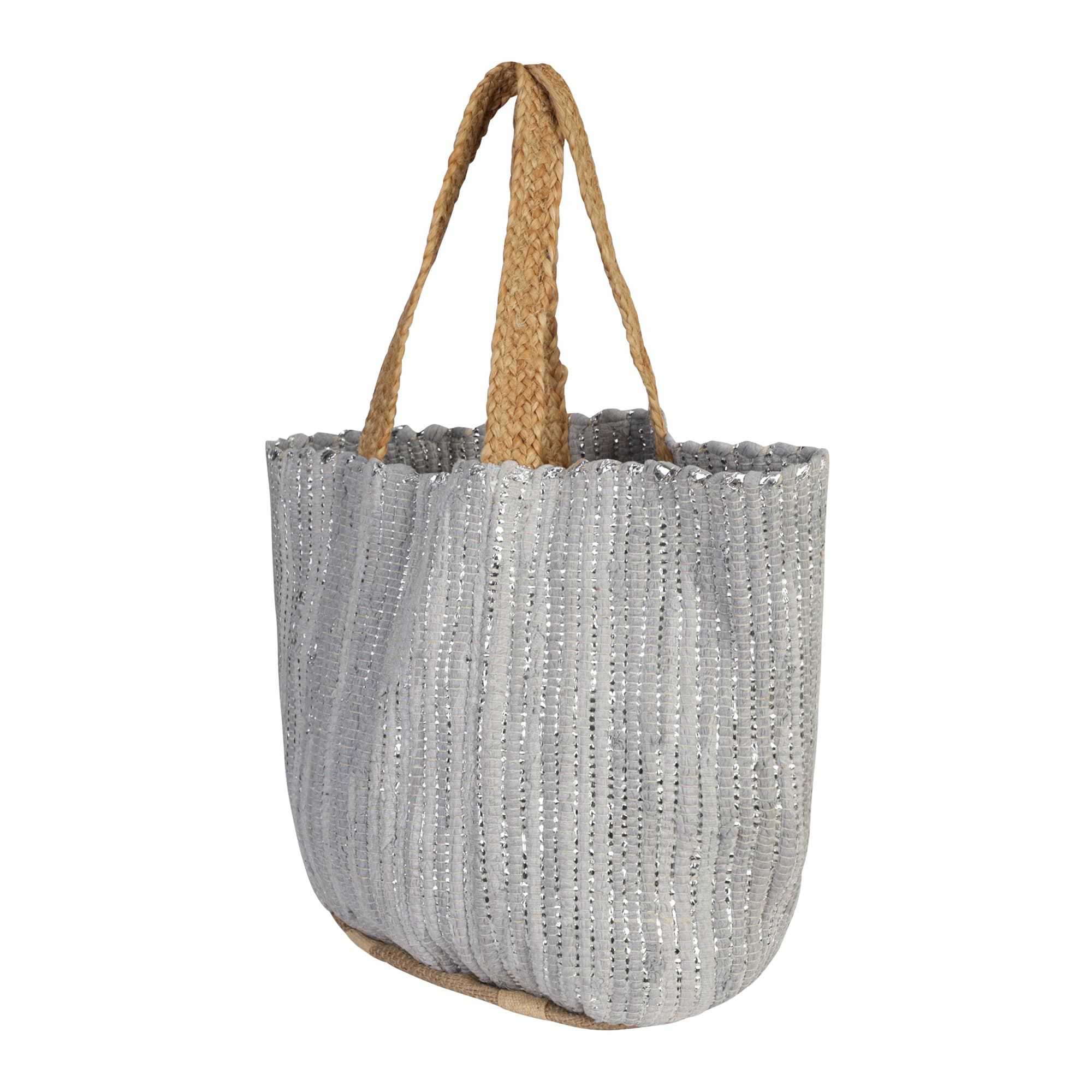 GREY SILVER COTTON AND JUTE BEACH BAG
