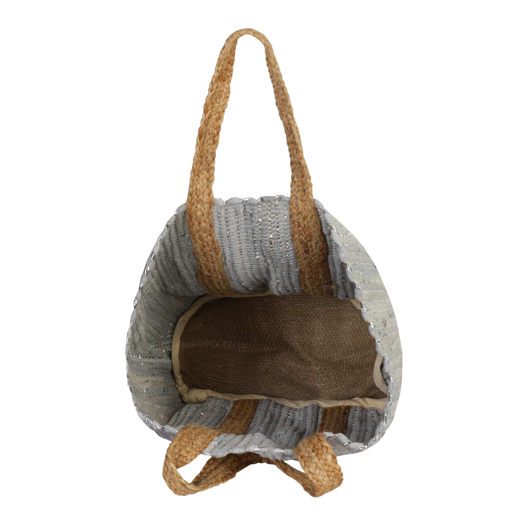 GREY SILVER COTTON AND JUTE BEACH BAG