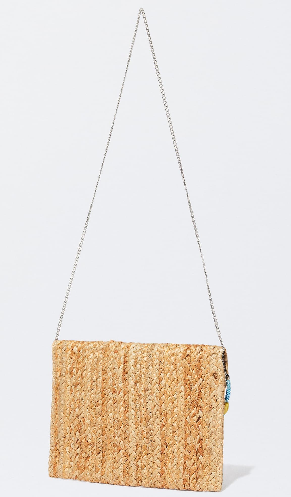 NATURAL BRAIDED JUTE ENVELOPE CLUTCH WITH RAFFIA PENDENT