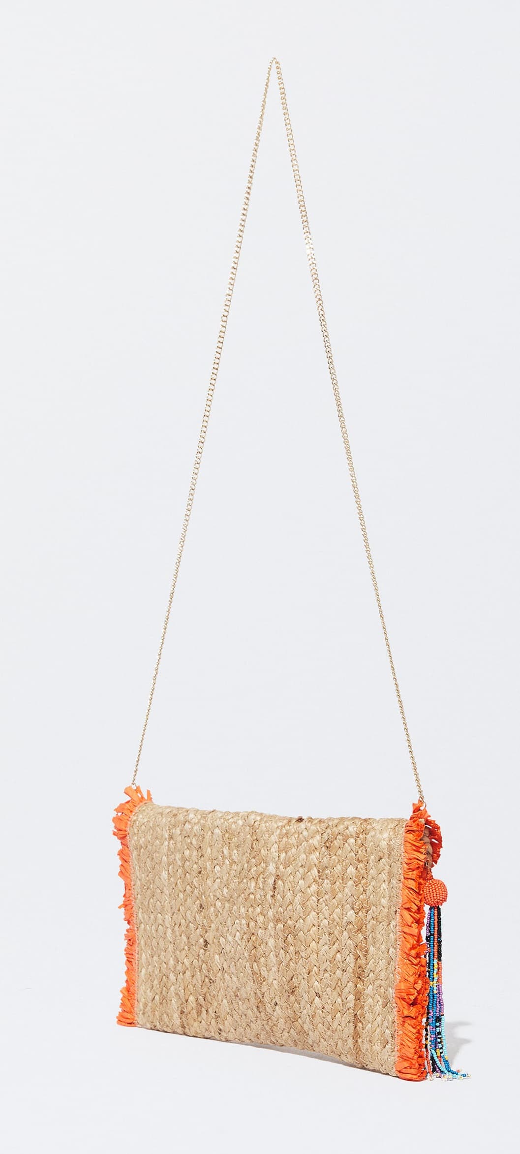 NATURAL BRAIDED JUTE ENVELOPE CLUTCH WITH  RAFFAIA FRINEGS AND BEADED TASSEL