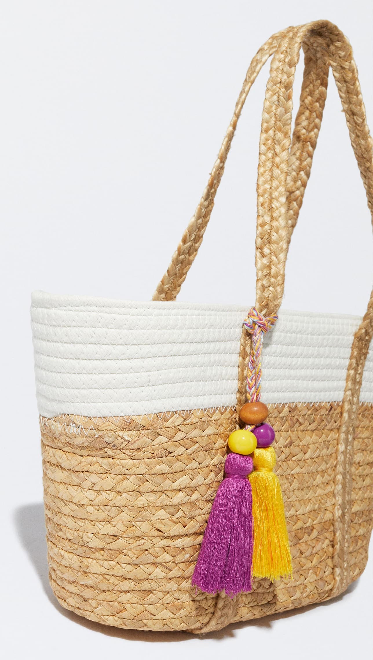 COTTON AND STRAW TOTE BAG WITH TASSEL