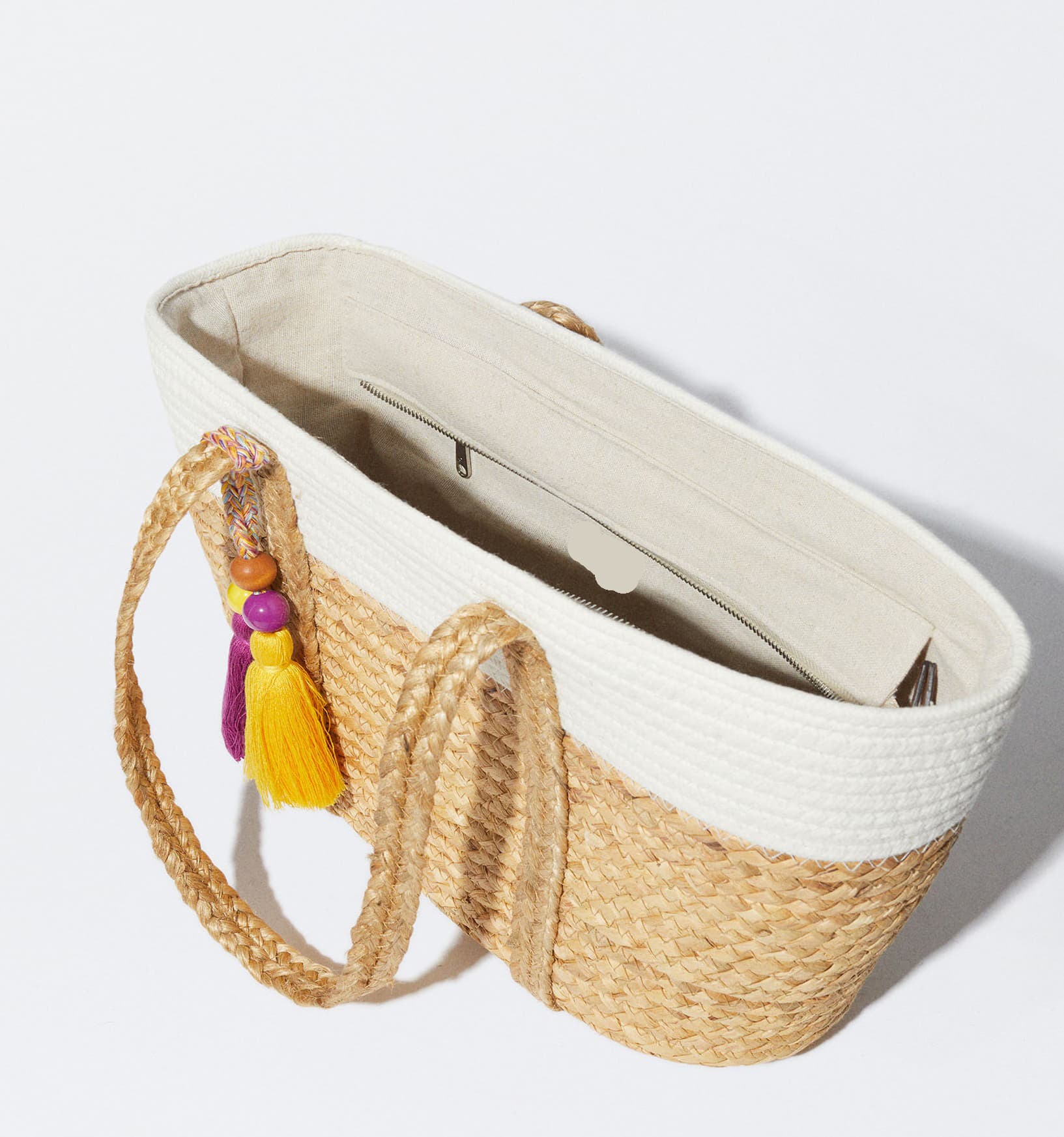 COTTON AND STRAW TOTE BAG WITH TASSEL