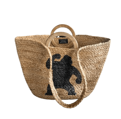 CHIMP PRINT WOOD HANDLE JUTE BAG