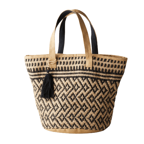 BLACK AND NATURAL WOVEN JUTE TOTE BAG