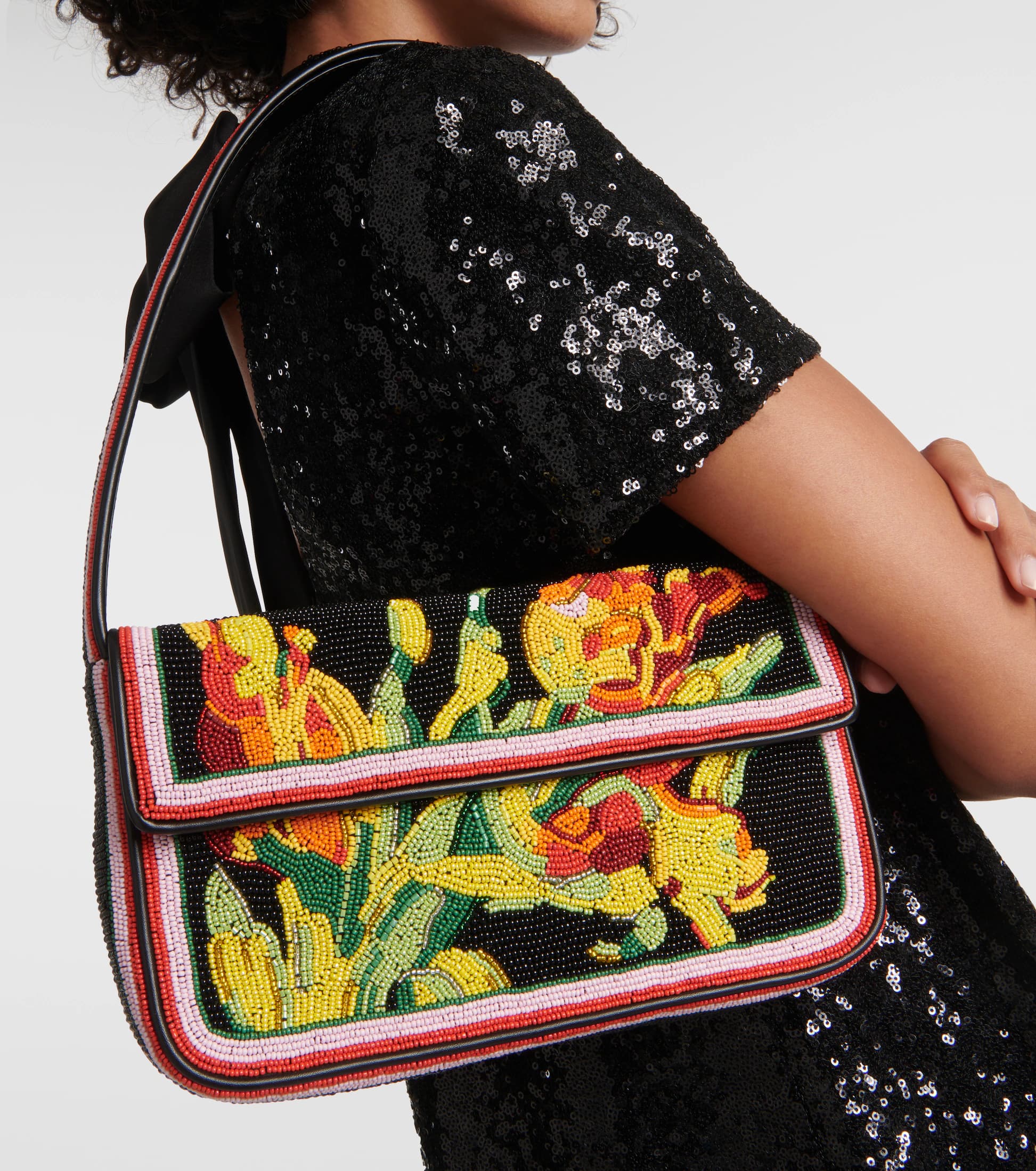 FLORAL DESIGN EMBELLISHED SHOULDER BAG