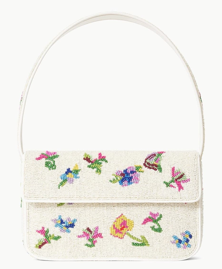 WHITE FLORAL  DESIGN EMBELLISHED SHOULDER BAG