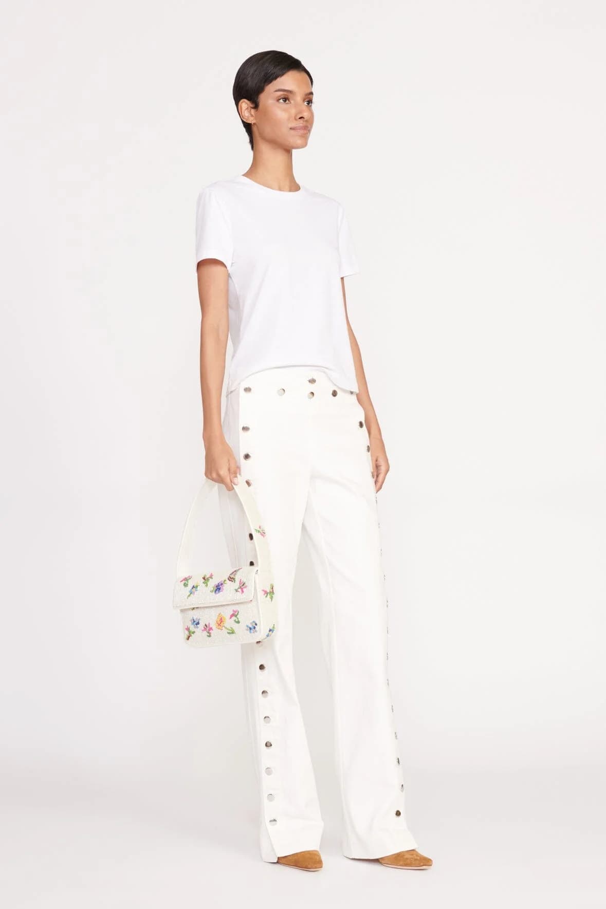 WHITE FLORAL  DESIGN EMBELLISHED SHOULDER BAG