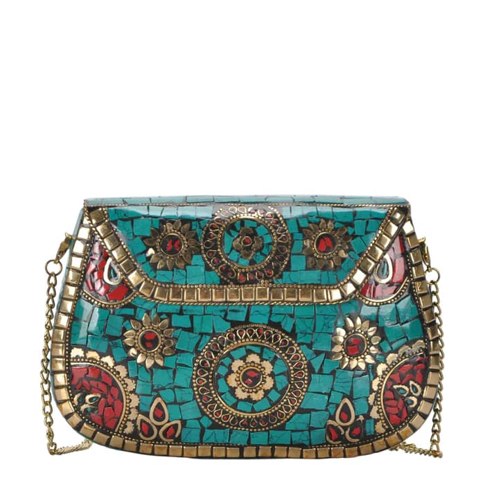 TURQ AND RED MOSAIC CLUTCH BAG