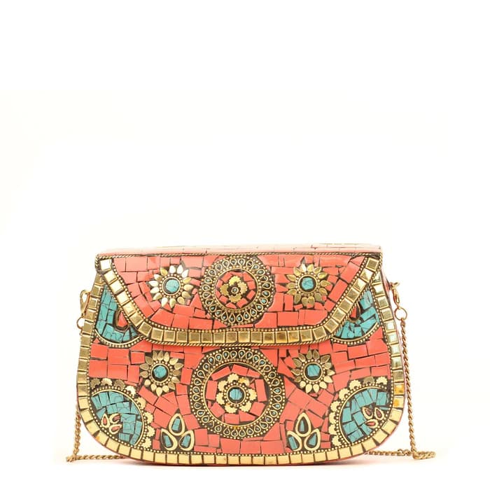 CORAL AND TURQ MOSAIC CLUTCH BAG