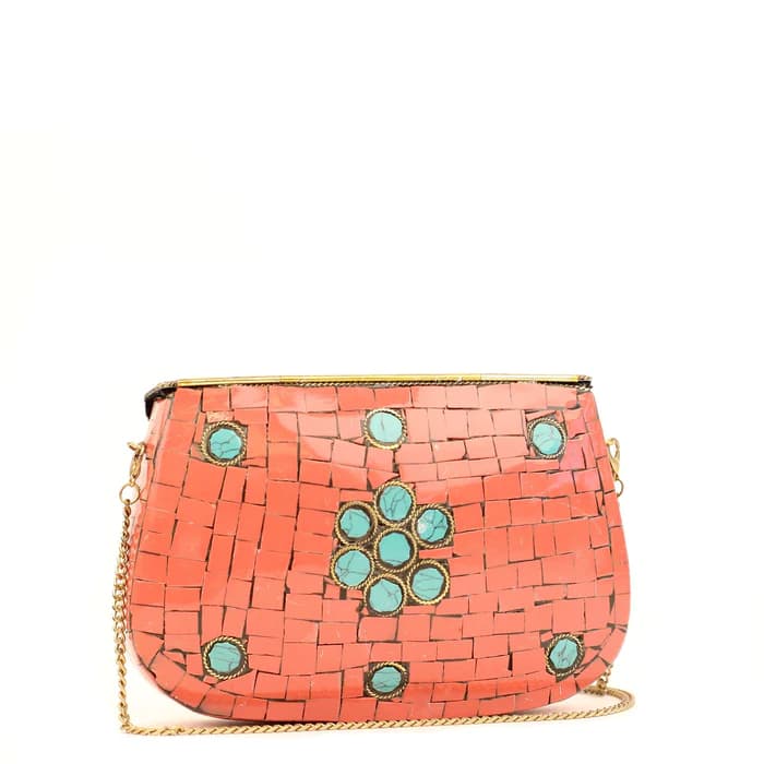 CORAL AND TURQ MOSAIC CLUTCH BAG