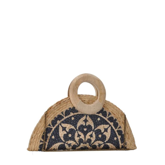 BLOCK PRINTED HALF MOON SHAPE CLUTCH BAG
