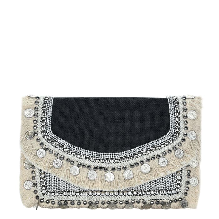 BOHO EMBELLISHED CLUTCH WITH FRINGES