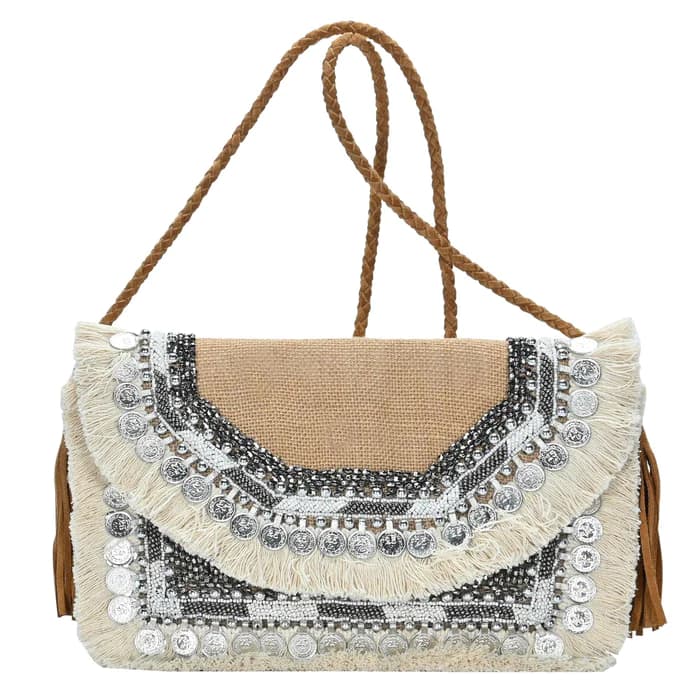 BOHO EMBELLISHED CLUTCH WITH FRINGES