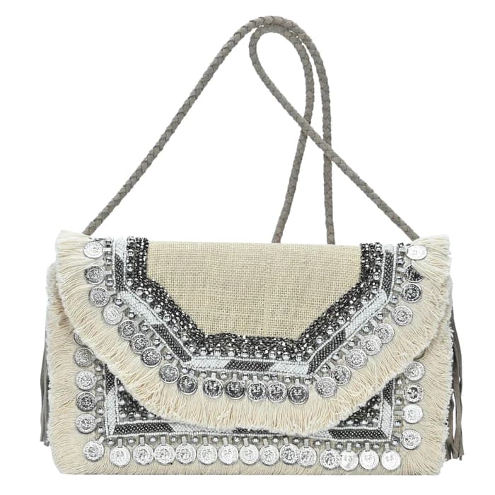 BOHO EMBELLISHED CLUTCH WITH FRINGES