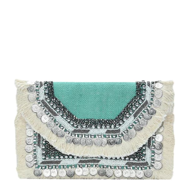 BOHO EMBELLISHED CLUTCH WITH FRINGES