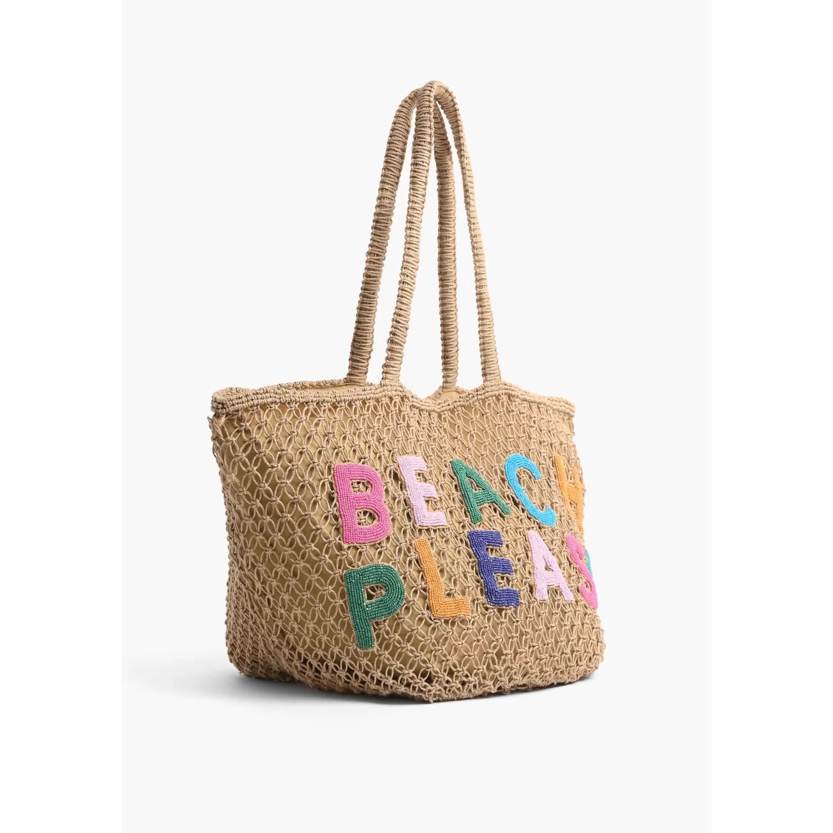 JUTE MACRAME TOTE BAG WITH BEACH PLEASE EMBELLISHED SLOGAN