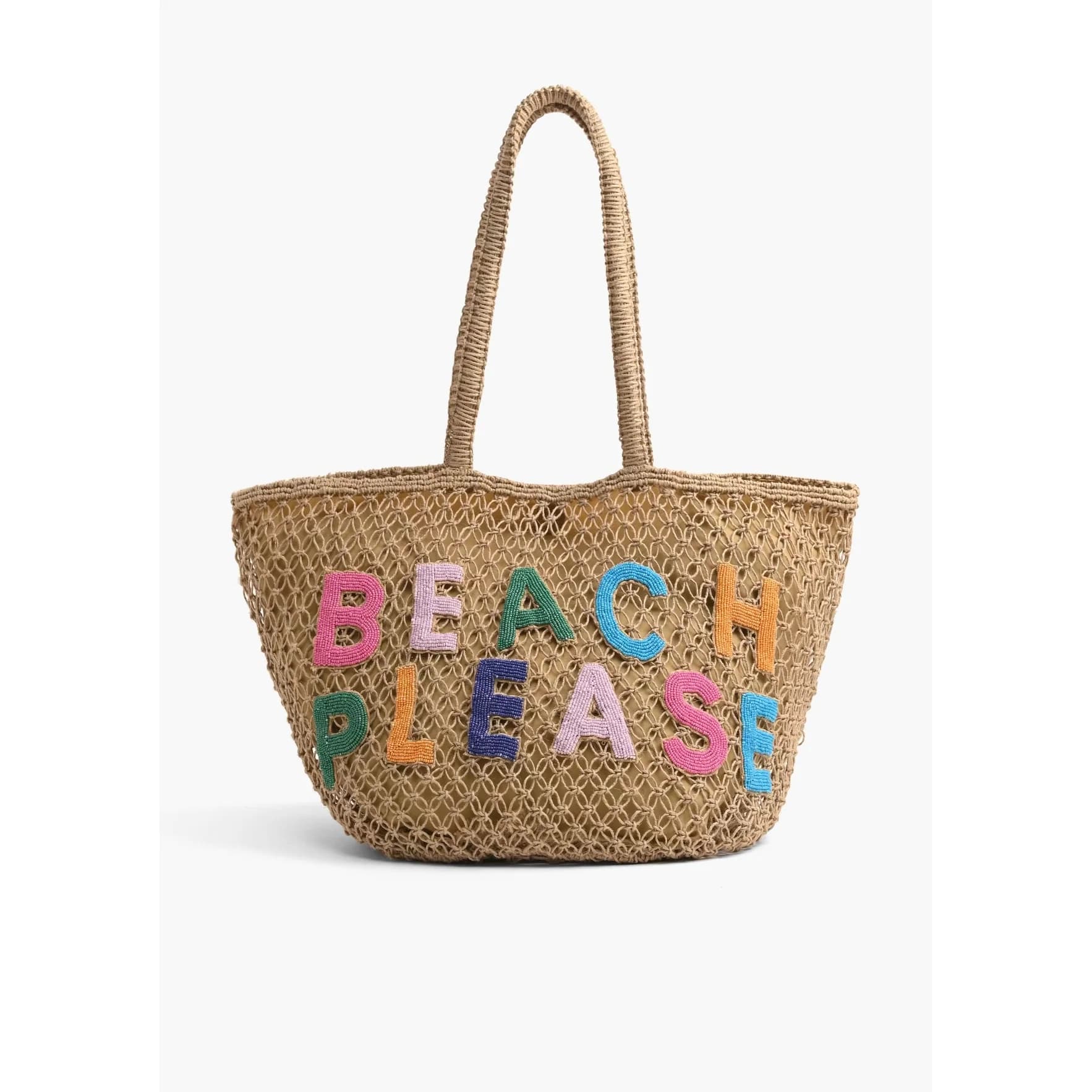 JUTE MACRAME TOTE BAG WITH BEACH PLEASE EMBELLISHED SLOGAN