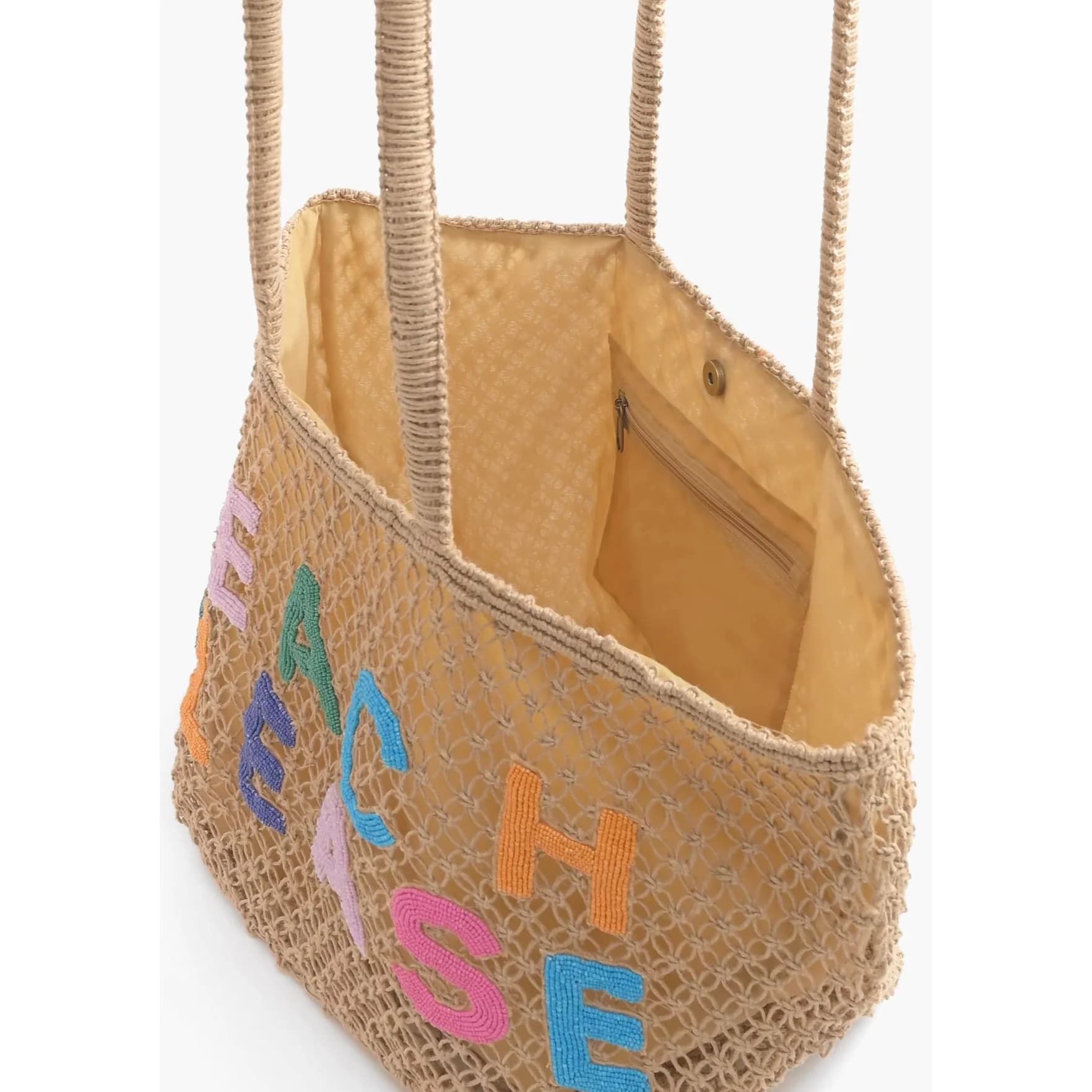 JUTE MACRAME TOTE BAG WITH BEACH PLEASE EMBELLISHED SLOGAN